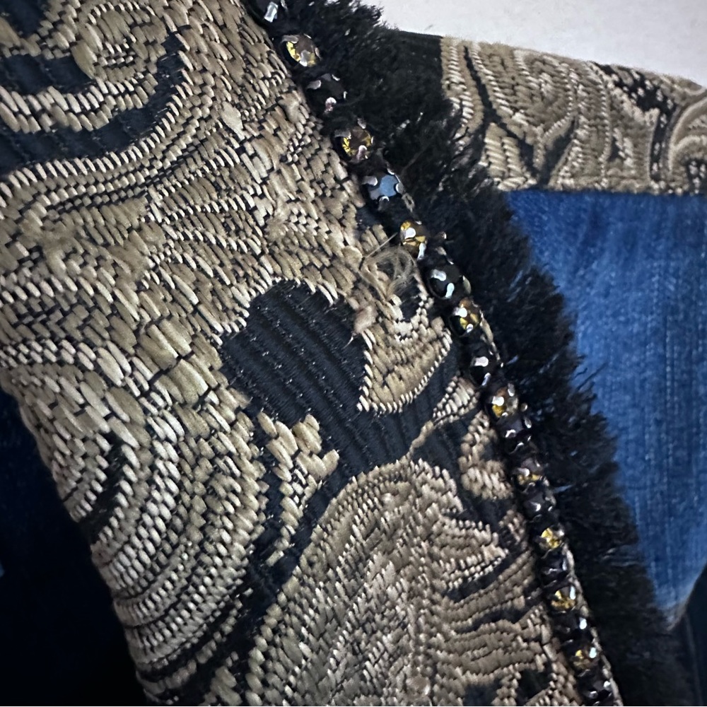 Blue Jean Brocade Jacket Rhinestone Bling Fall Jacket Versace Boho Medium - Picture 7 of 16